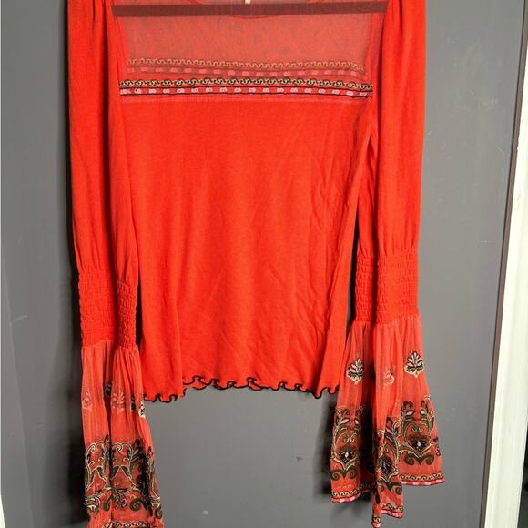 Free People Orange Top Mesh and Embroidered Detail & Bell Sleeves Size Small - Picture 6 of 6